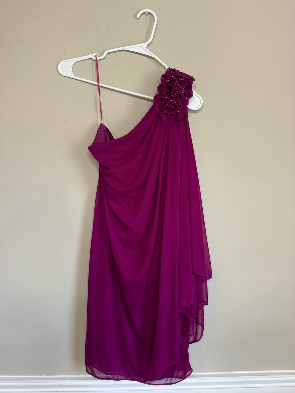 R&M Richards Fuchsia One-Shoulder Dress with Rosette Accent